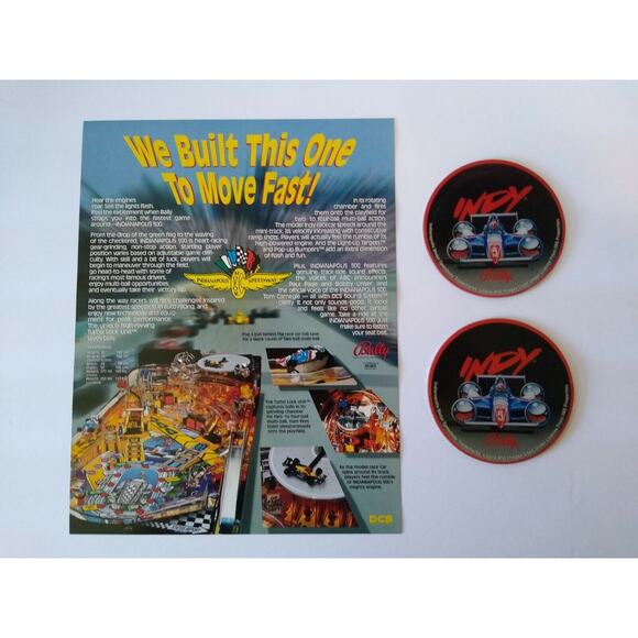 Indianapolis 500 Pinball FLYER & 2 Promos Plastic Coasters Indy Auto Racing NOS - Picture 4 of 4